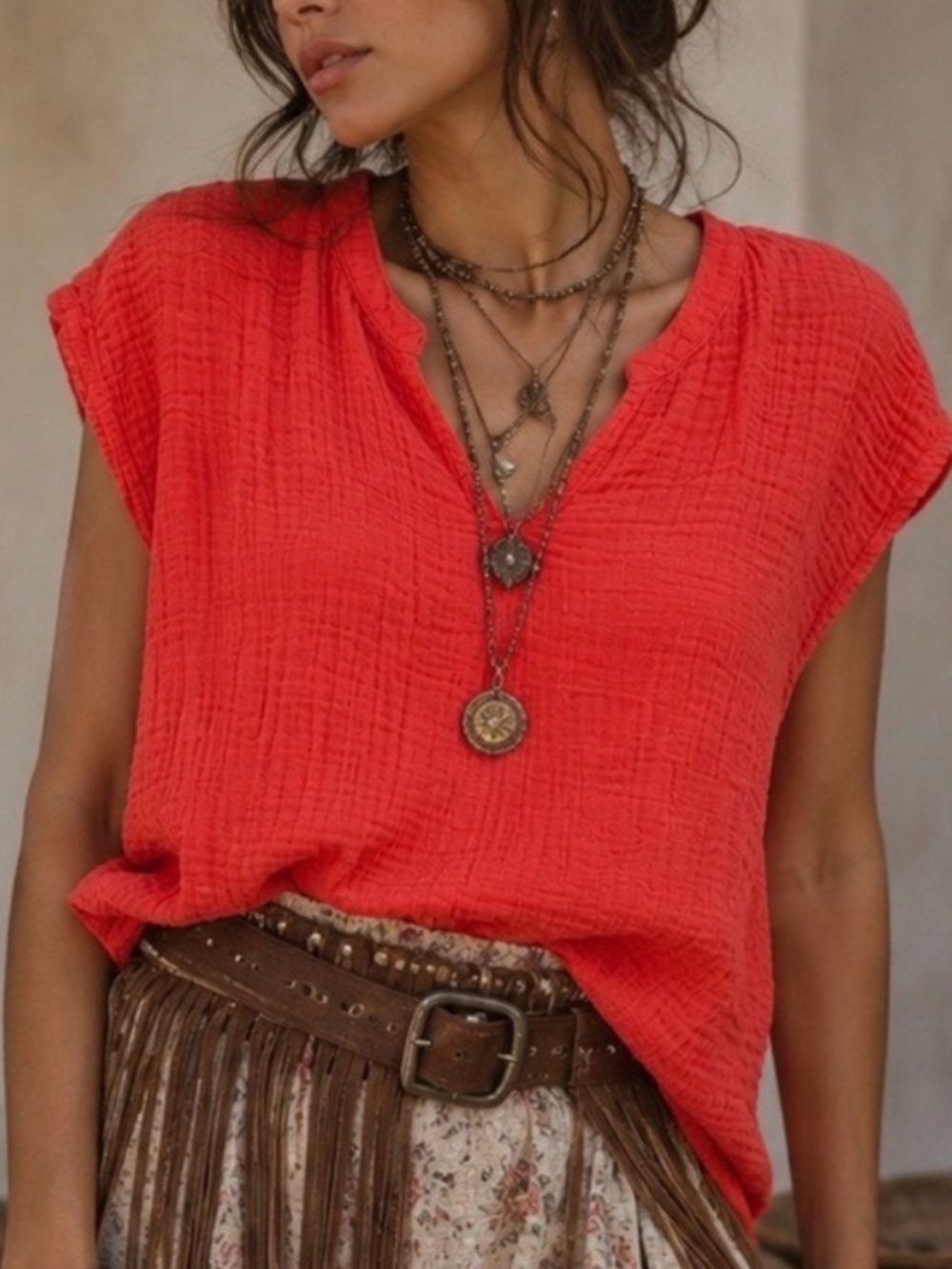 Michael Stars Coral Gauze V-Neck Cap Sleeve Top